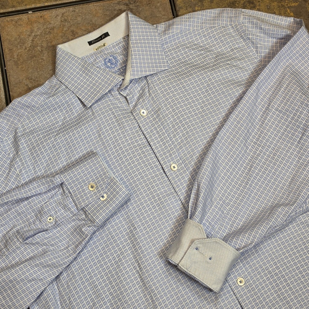 Bugatchi Uomo Mens Large Blue White Geometric Square Cotton Button Down Shirt